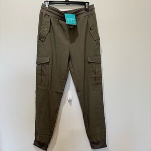 Willit Women’s Olive Cargo Jogger Pants with Ribbed Waistband | Size Large
